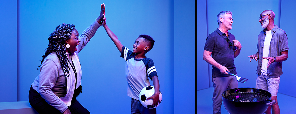 Image of woman high-fiving boy with soccer ball and image of two men talking by a barbecue grill